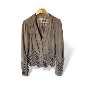 Miilla Faux Suede Women’s Taupe Button Down Jacket size L Ruched Super Soft